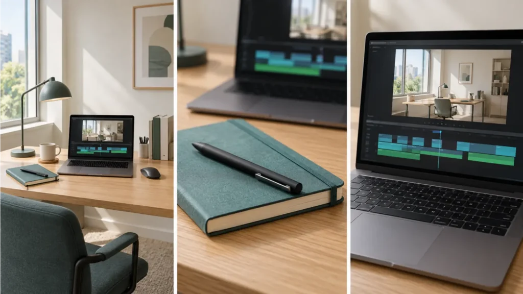 Tri kadra istog radnog prostora: ceo sto, sveska sa olovkom i detalj laptopa