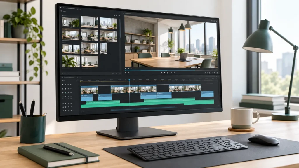Monitor sa prikazom video montaže i vremenskom linijom na radnom stolu