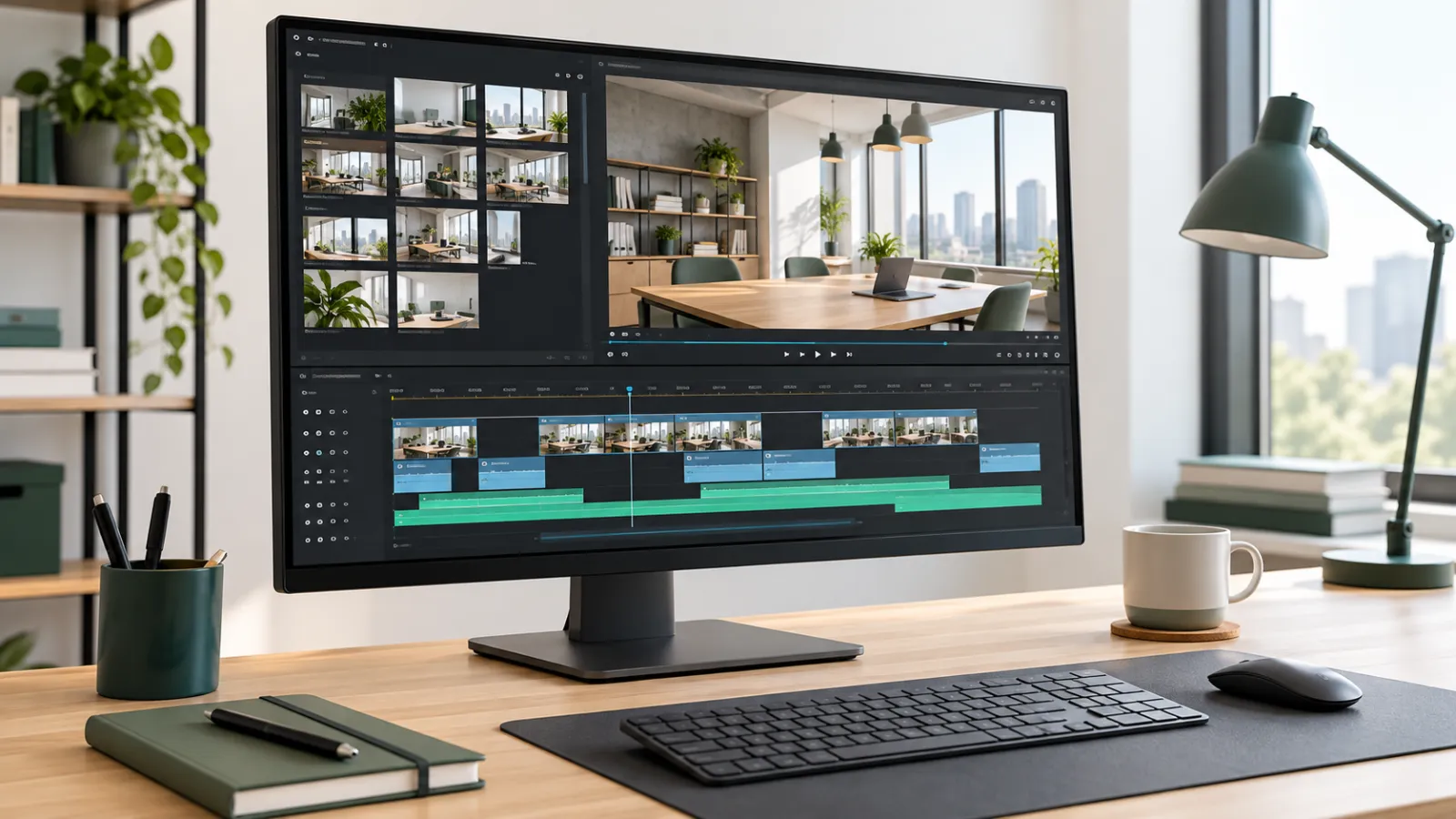Monitor sa prikazom video montaže i vremenskom linijom na radnom stolu