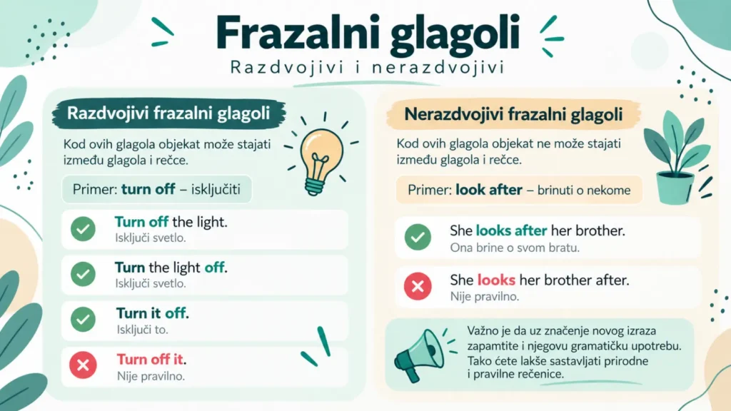 Dijagram sa pravilnim i nepravilnim redosledom reči kod engleskih frazalnih glagola