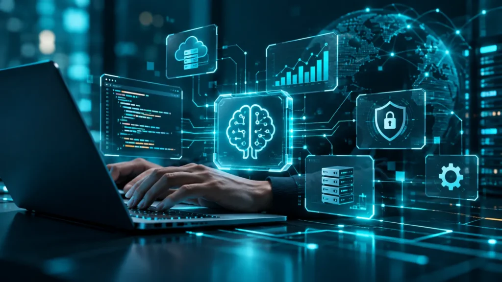 Digitalni procesor sa svetlećim vezama koje simbolizuju primenu veštačke inteligencije u IT industriji