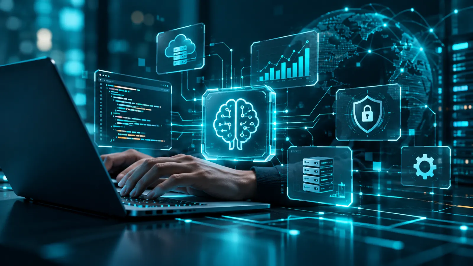 Digitalni procesor sa svetlećim vezama koje simbolizuju primenu veštačke inteligencije u IT industriji